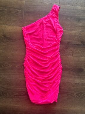 Ruched One-Shoulder Neon Pink Bodycon Dress